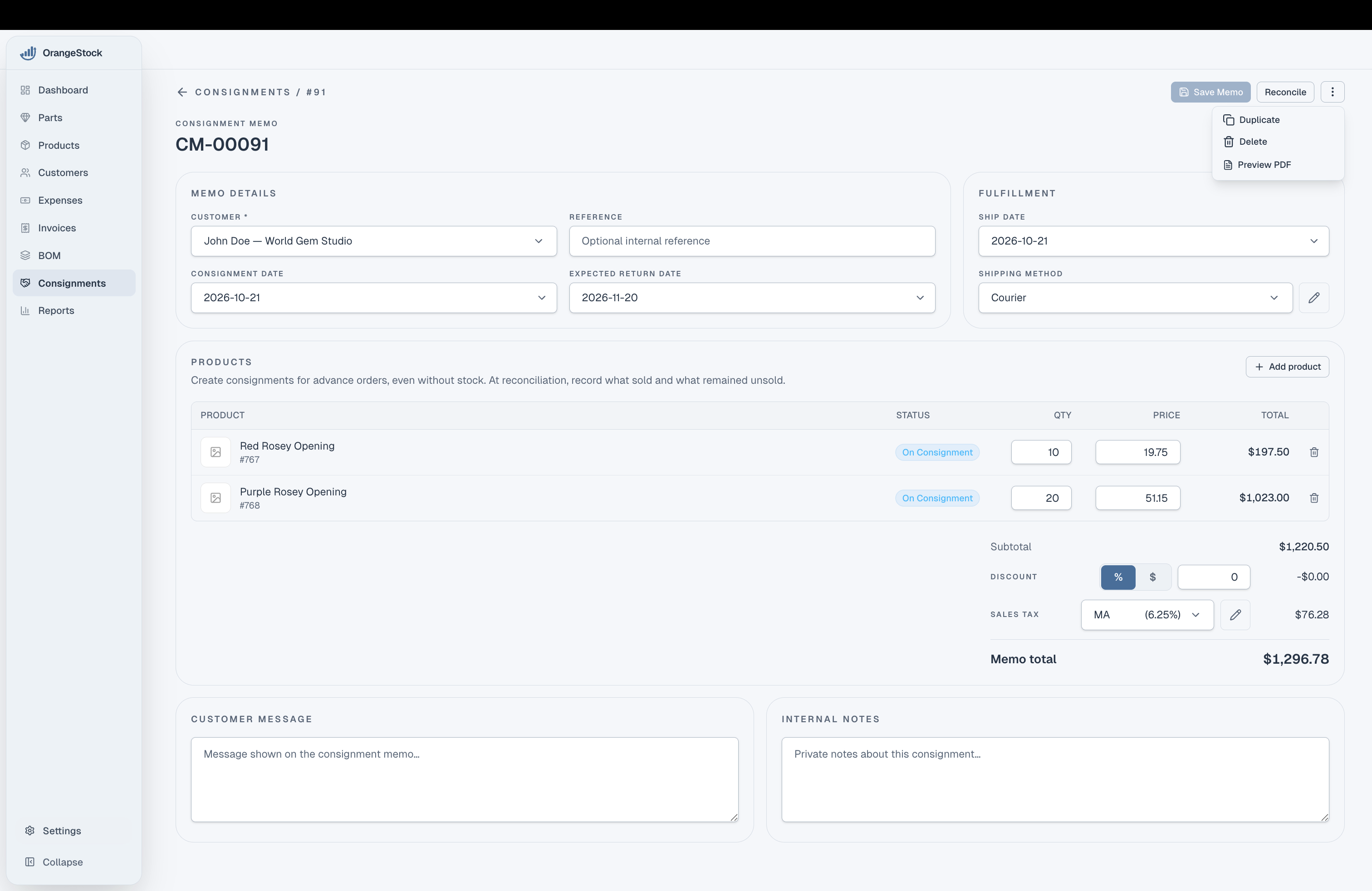 Consignment memo actions: Save Memo, Reconcile, Duplicate, Delete, and Preview PDF