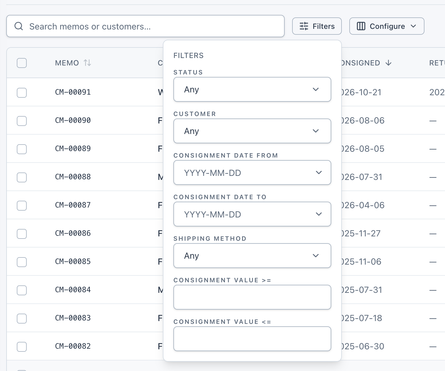 Consignment filters for status, customer, dates, shipping method, and value