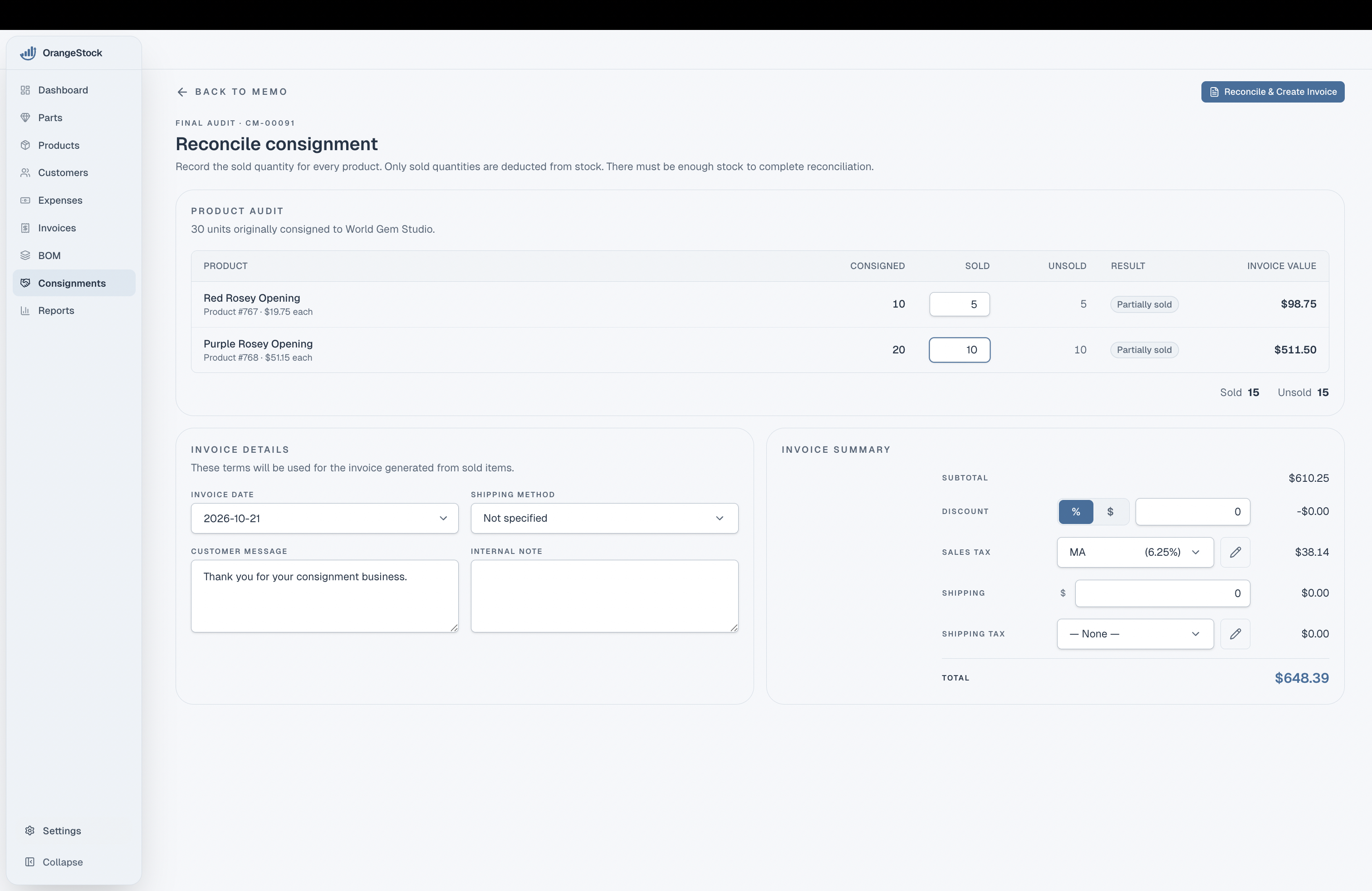 Reconcile consignment: sold quantities, invoice details, and summary