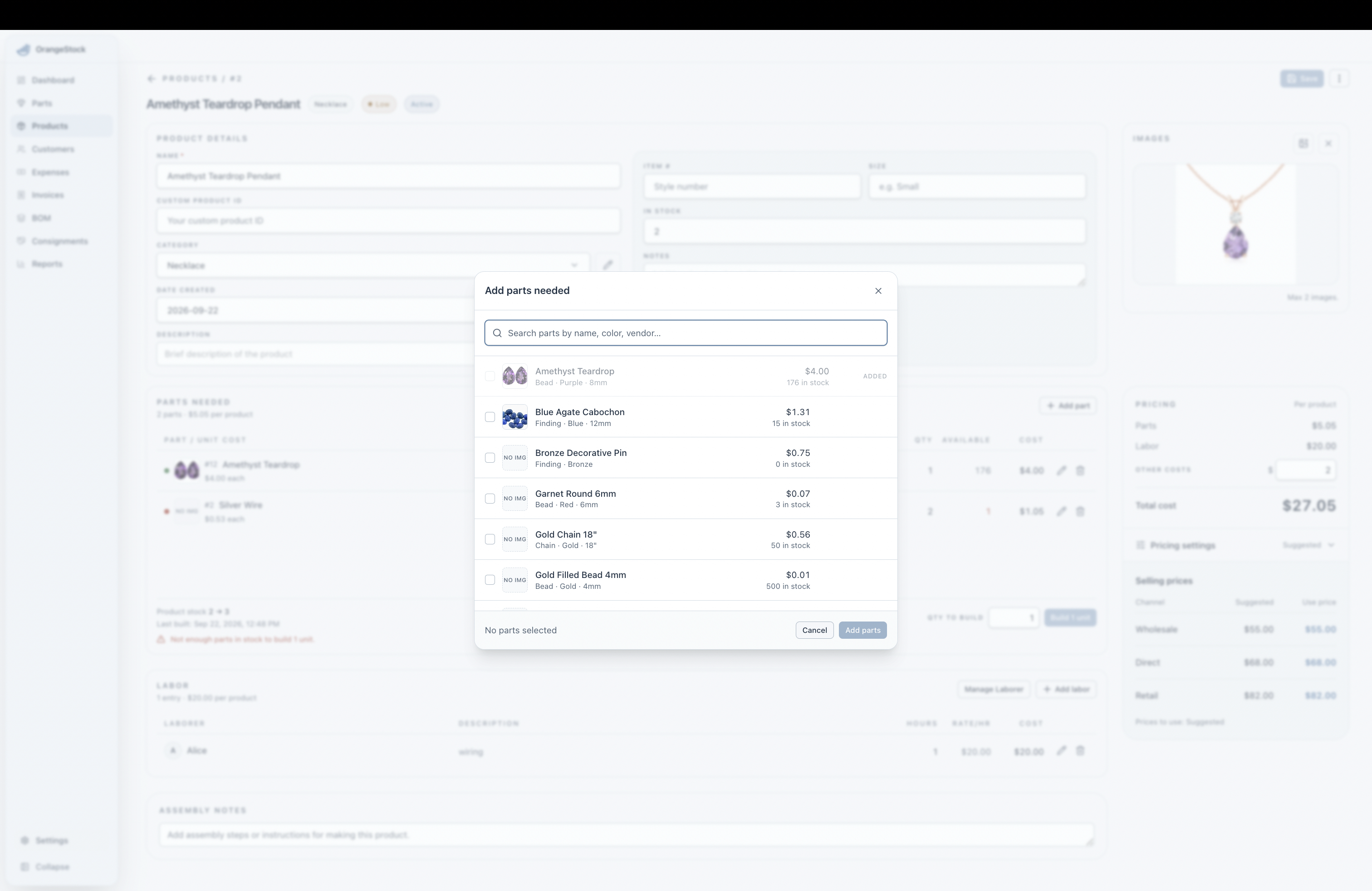 Add parts to a product