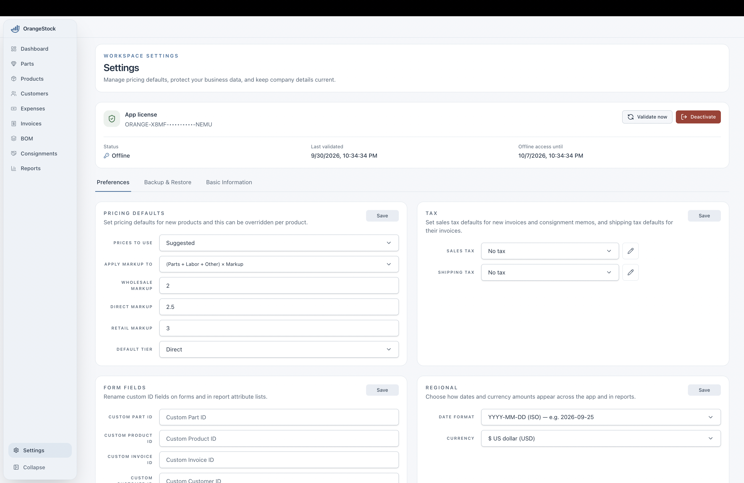 Settings — pricing defaults