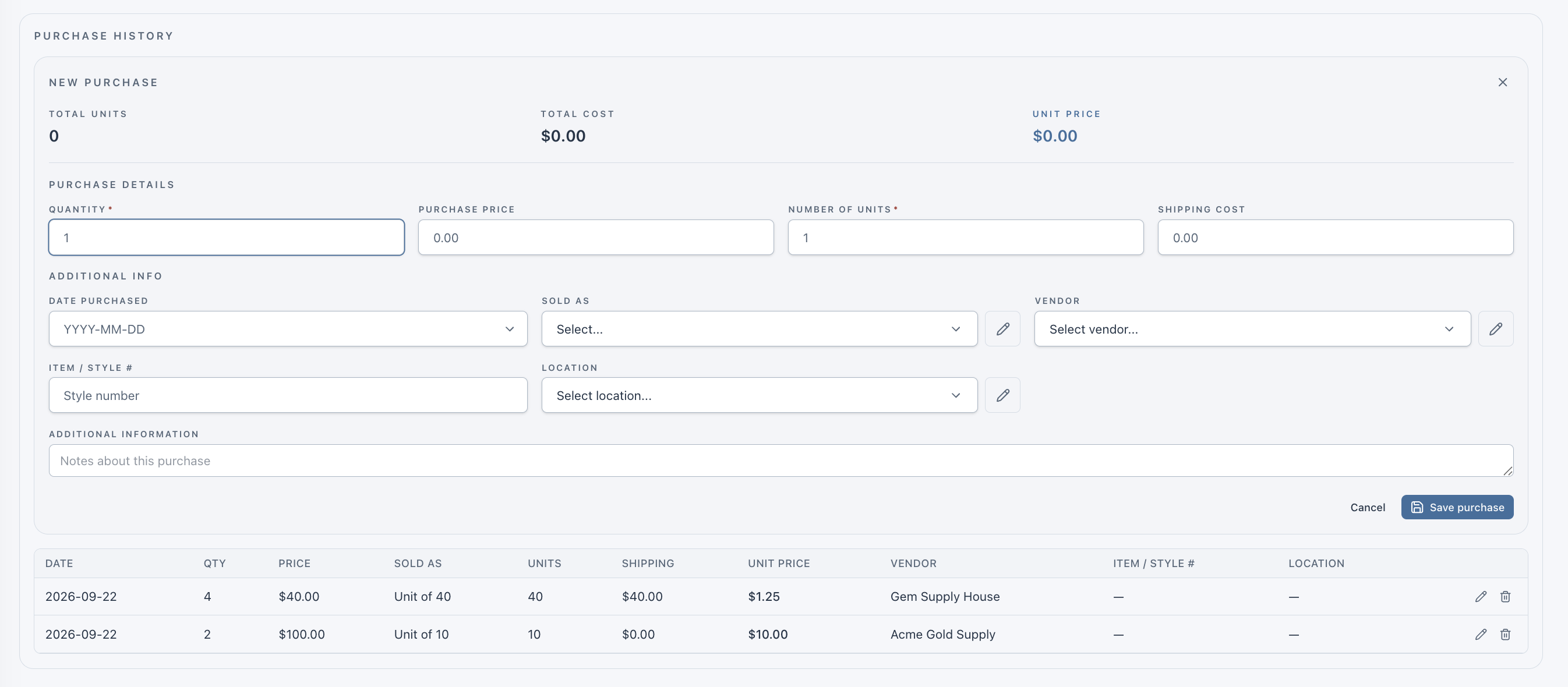 New purchase — calculated totals, purchase details, and additional information
